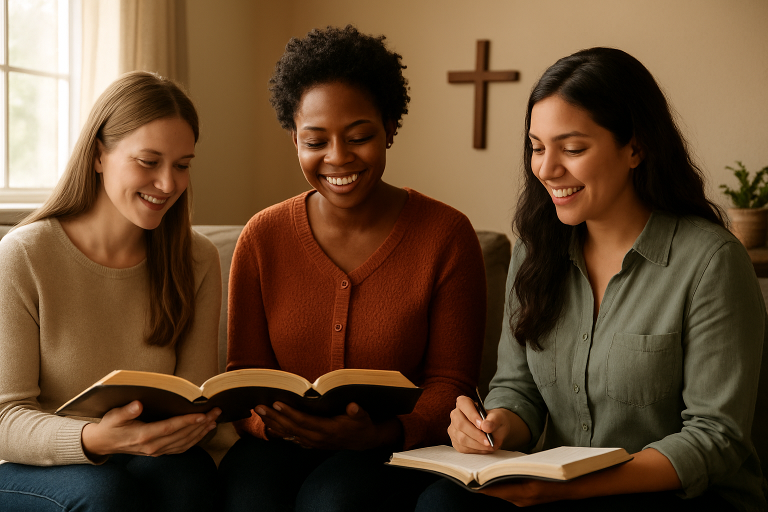 Create a realistic image of a diverse group of three Christian women of different races (one white, one black, one Hispanic) sitting together in a cozy living room, holding open Bibles and notebooks, with warm natural lighting streaming through a window, a cross visible on the wall in the background, and small potted plants on a nearby table, conveying a peaceful and inspirational atmosphere of fellowship and spiritual growth, absolutely NO text should be in the scene.