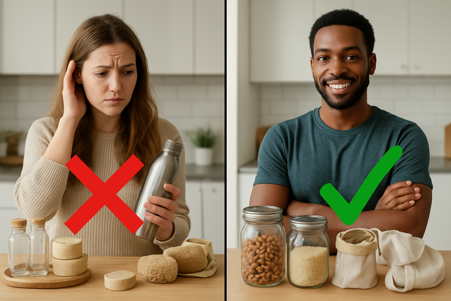 Create a realistic image of a split-screen visual metaphor showing a concerned white female looking at expensive zero-waste products on one side with a red X overlay, and a confident black male surrounded by affordable DIY zero-waste solutions like mason jars, reusable cloth bags, and repurposed containers on the other side with a green checkmark, set against a clean modern kitchen background with natural lighting, conveying the contrast between zero-waste myths versus practical reality, absolutely NO text should be in the scene.