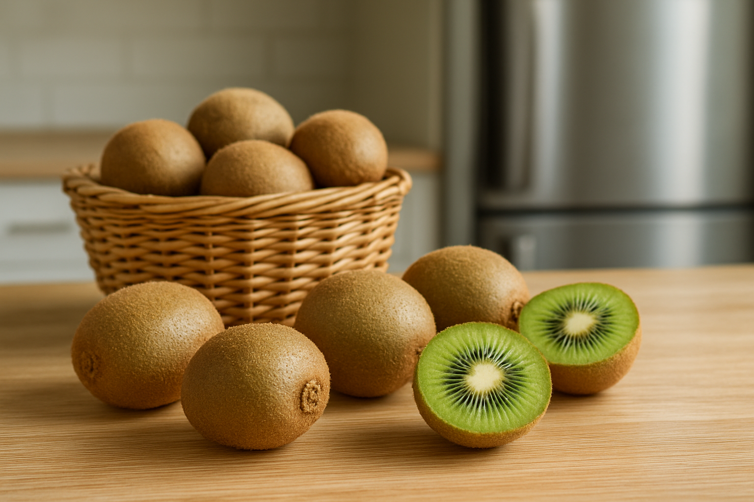 Create a realistic image of fresh kiwi fruits in various stages of ripeness arranged on a clean wooden kitchen counter, with some whole kiwis showing different textures from firm to slightly soft, a few cut kiwi halves displaying the vibrant green flesh with black seeds, a wicker storage basket containing kiwis, and a modern refrigerator partially visible in the background, shot in bright natural kitchen lighting with soft shadows, emphasizing the selection process and proper storage methods for kiwi fruits, absolutely NO text should be in the scene.