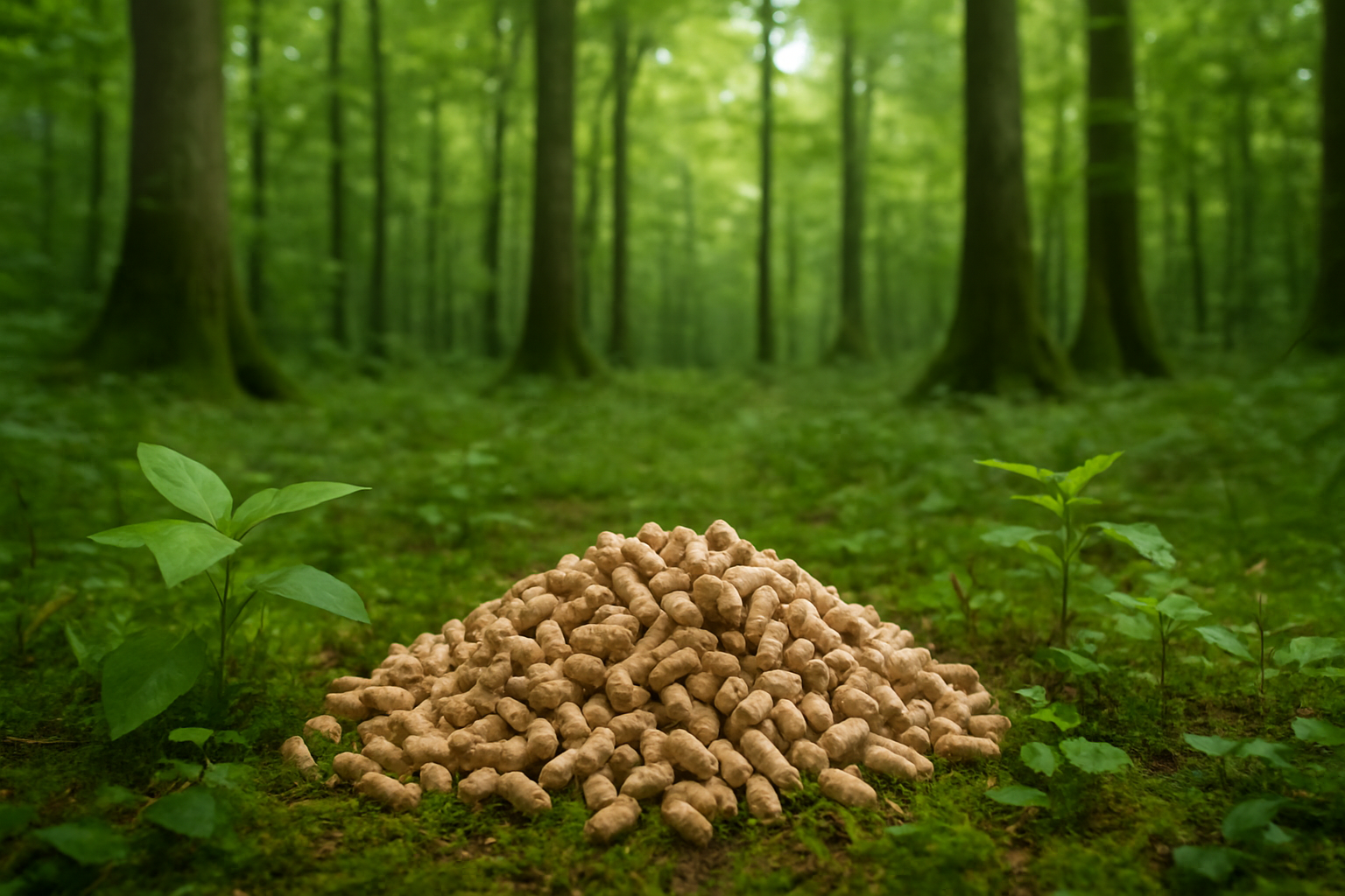 Create a realistic image of a lush green forest with tall trees and clean air, contrasted with a small pile of natural, eco-friendly cat litter made from sustainable materials like wood pellets or corn kernels in the foreground, surrounded by green leaves and small plants growing nearby, with soft natural lighting filtering through the tree canopy, conveying a sense of environmental harmony and sustainability, absolutely NO text should be in the scene.