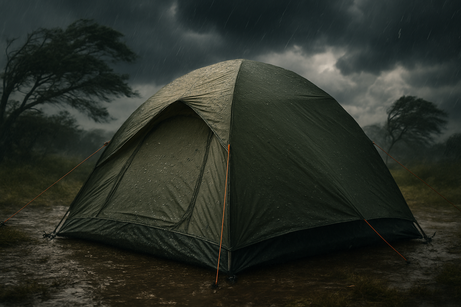Create a realistic image of a camping tent set up in challenging weather conditions with rain drops on the tent fabric, strong wind bending nearby trees, dark storm clouds in the background, wet ground with puddles around the tent base, the tent appearing sturdy and well-secured with guy lines and stakes visible, dramatic overcast lighting with occasional breaks of sunlight through the clouds, showcasing the tent's weather-resistant features like reinforced seams and waterproof material. Absolutely NO text should be in the scene.