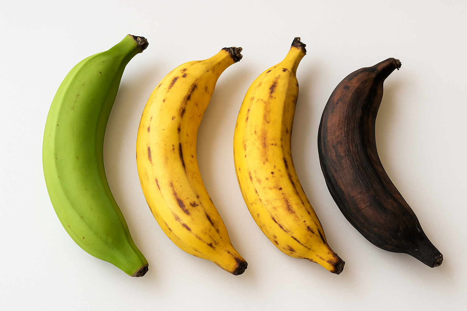 Create a realistic image of several plantains at different stages of ripeness arranged on a clean white surface, showing their varying physical characteristics including green unripe plantains that are firm and starchy-looking, yellow semi-ripe plantains with some dark spots, and dark brown to black very ripe plantains with soft wrinkled skin, each plantain clearly displaying size differences compared to regular bananas with plantains being noticeably larger and thicker, shot with bright natural lighting against a neutral background to highlight the texture and color variations of the plantain skins, absolutely NO text should be in the scene.