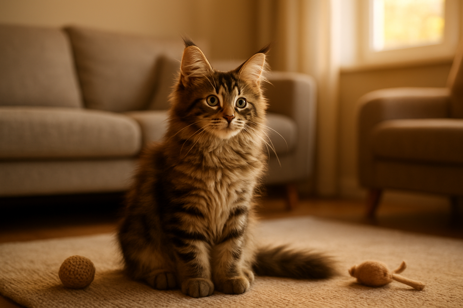Create a realistic image of a beautiful Maine Coon kitten with distinctive tufted ears and long fluffy tail sitting contentedly in a cozy modern living room setting, with warm golden hour lighting streaming through a window, soft comfortable furniture in the background, and a few cat toys scattered nearby, conveying a sense of home, companionship and the perfect family pet, shot from a slightly elevated angle to showcase the kitten's majestic fur patterns and gentle expression, absolutely NO text should be in the scene.