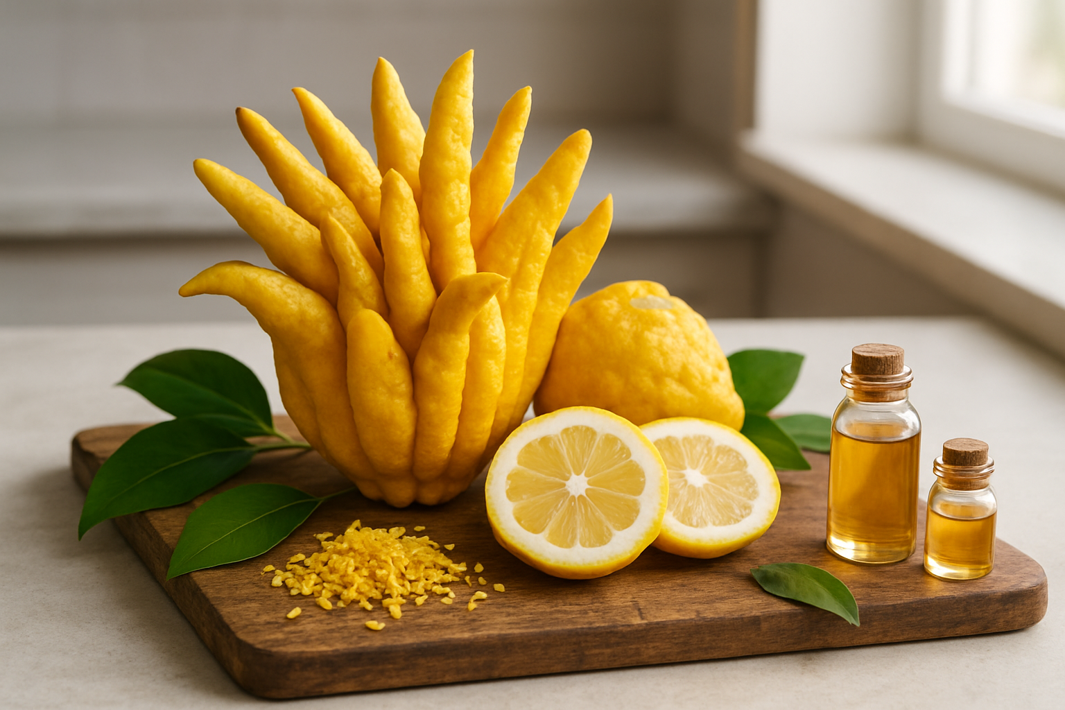 Create a realistic image of a beautifully arranged display of fresh Buddha's Hand citrus fruits as the centerpiece, showing their distinctive finger-like segmented yellow appearance, placed on a rustic wooden cutting board alongside scattered citrus zest, a few sliced pieces revealing the white pith interior, small glass bottles of essential oils, and fresh green leaves, set against a clean kitchen counter background with soft natural lighting streaming from the side, creating a warm and inviting culinary atmosphere that represents the comprehensive knowledge and practical applications of this exotic fruit, absolutely NO text should be in the scene.