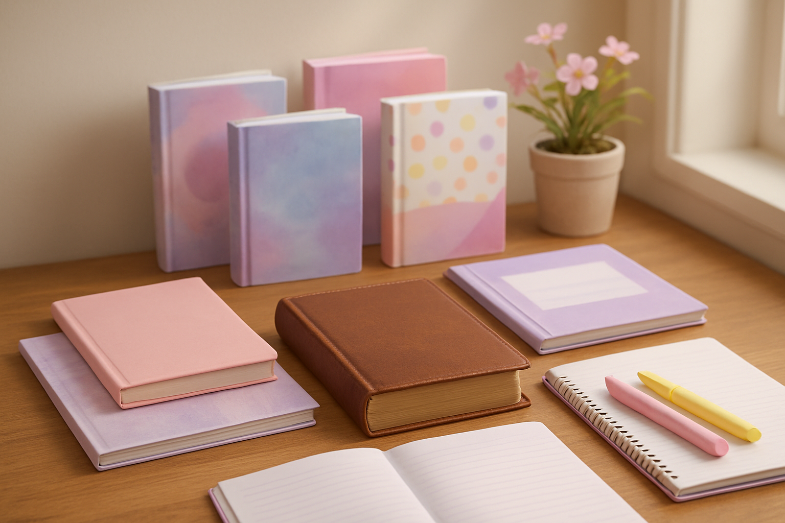 Create a realistic image of a collection of beautifully arranged Christian devotional books and Bible study materials displayed on a wooden desk surface, including a leather-bound Bible, colorful teen-focused devotional books with modern covers, study guides, prayer journals, and highlighters, with soft natural lighting coming from a nearby window creating warm shadows, featuring pastel Easter colors like soft pink and lavender accents, with a small potted spring flower in the background, conveying a peaceful and inspiring study atmosphere perfect for teenage spiritual growth, absolutely NO text should be in the scene.