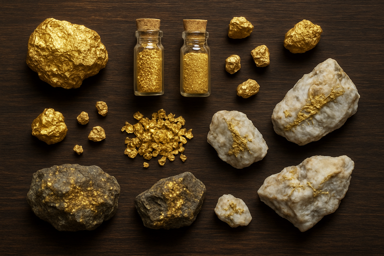 Create a realistic image of various types and forms of raw gold displayed on a dark wooden surface, including gold nuggets of different sizes, gold dust in small glass vials, placer gold flakes, quartz specimens with visible gold veins, and raw gold ore samples, arranged in an organized manner with natural lighting highlighting the metallic golden surfaces and textures, shot from above at a slight angle to showcase the variety and authenticity of the unprocessed gold materials, absolutely NO text should be in the scene.