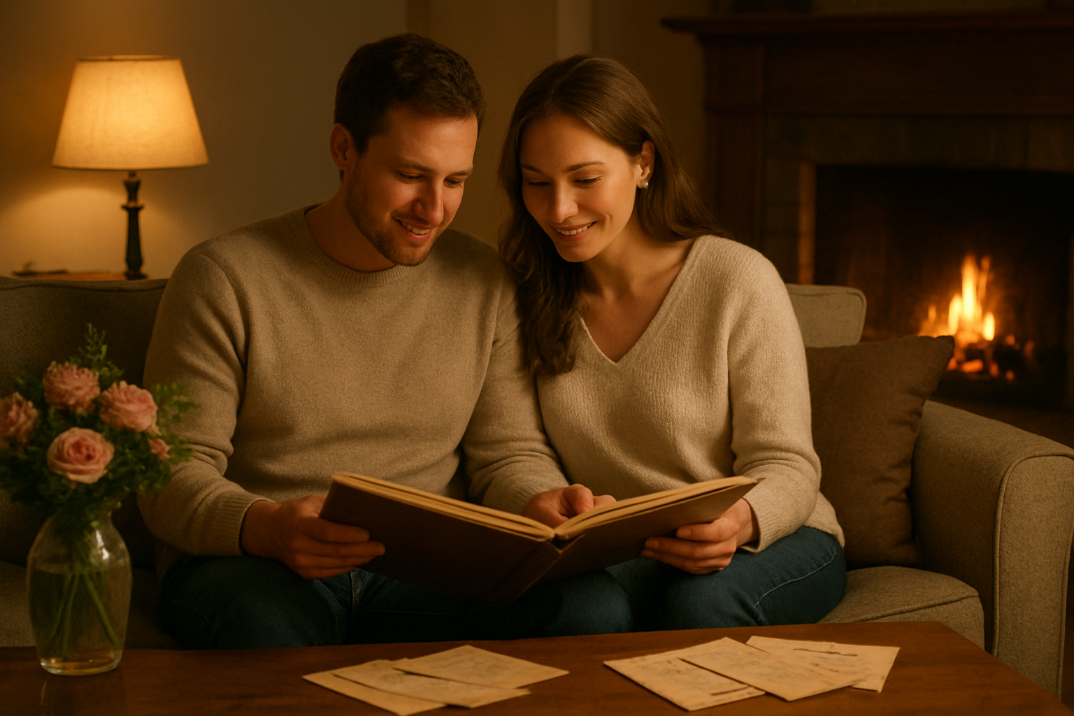 Create a realistic image of a cozy intimate setting with two white adults, one male and one female, sitting close together on a comfortable sofa sharing a photo album or scrapbook filled with memories, surrounded by soft warm lighting from table lamps, with romantic elements like fresh flowers in a vase, vintage love letters scattered nearby, and a fireplace glowing softly in the background, capturing a tender moment of connection and storytelling in a welcoming living room atmosphere, absolutely NO text should be in the scene.