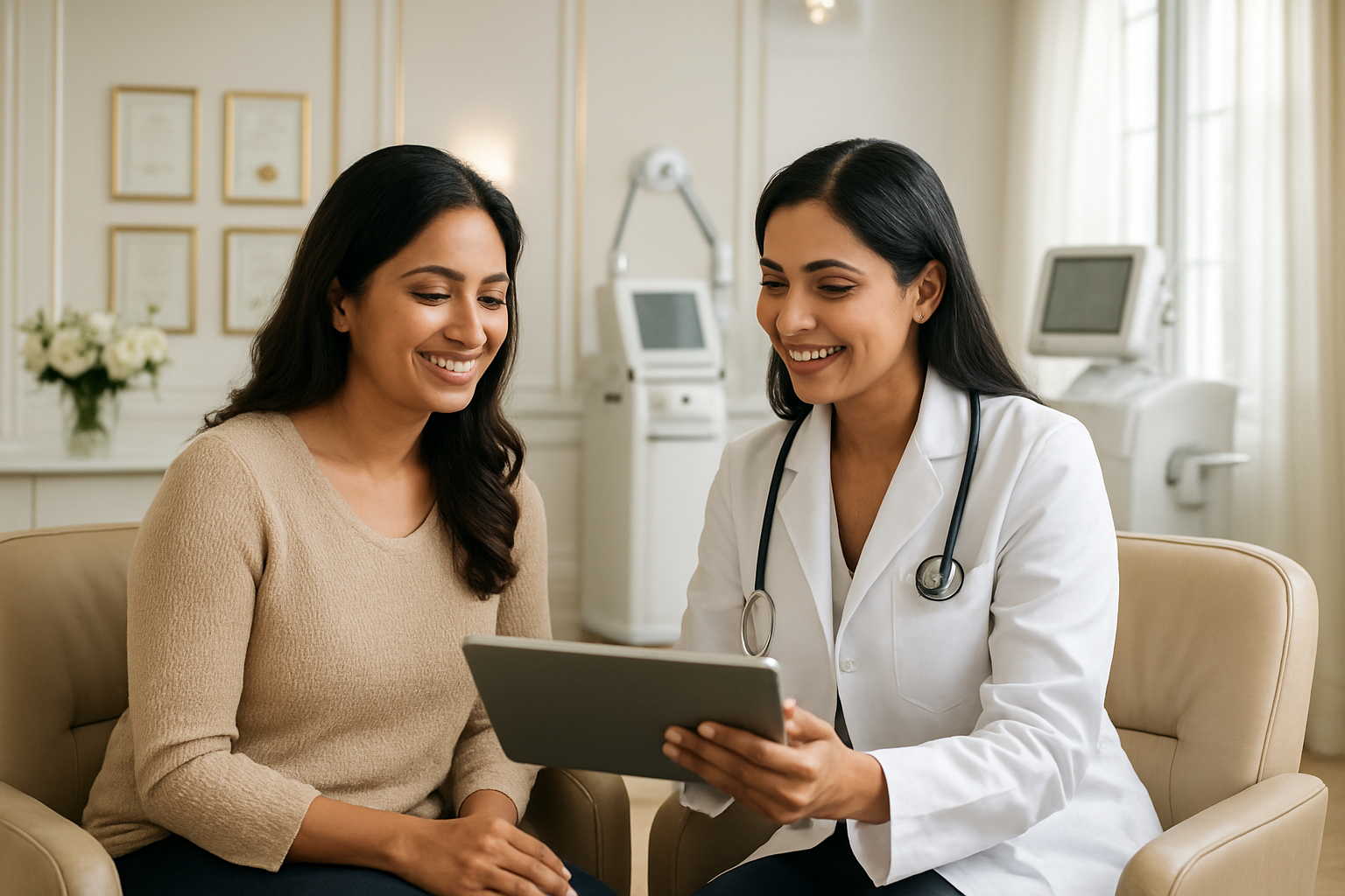 Create a realistic image of a modern, luxurious aesthetic clinic interior with a satisfied South Asian female patient in her 30s consulting with a professional South Asian female doctor in a white coat, both smiling warmly while reviewing treatment results on a tablet, featuring elegant white and gold decor, state-of-the-art medical equipment in the background, soft natural lighting streaming through large windows, comfortable leather consultation chairs, awards and certifications displayed on walls, fresh flowers on a reception desk, creating an atmosphere of trust, professionalism and successful transformation, absolutely NO text should be in the scene.