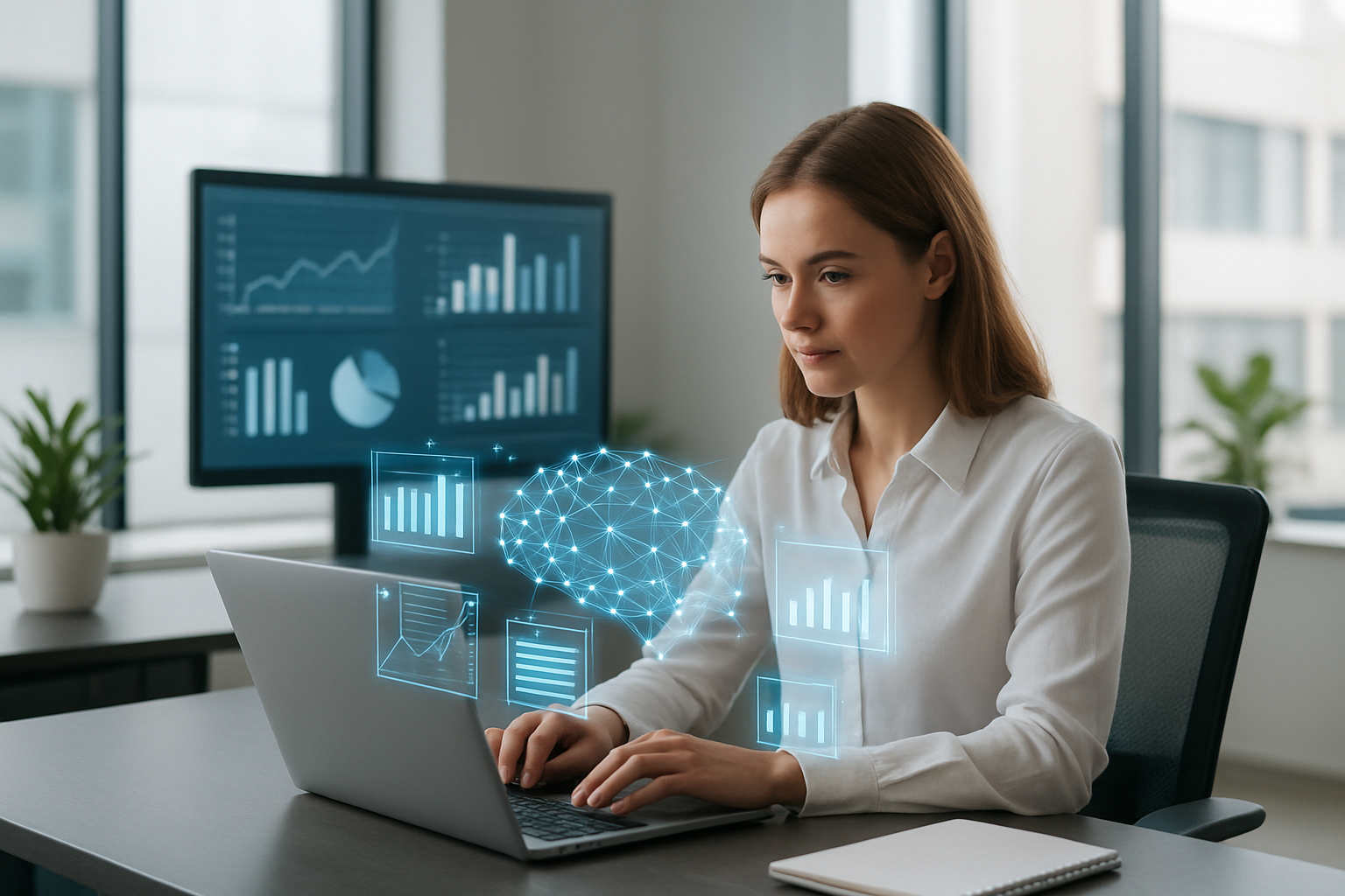 Create a realistic image of a modern office workspace where a white female professional sits at a sleek desk working on a laptop computer, with holographic AI interface elements floating subtly above the screen showing data visualizations and neural network patterns, while digital productivity charts and graphs are displayed on a large monitor in the background, the scene is bathed in soft natural lighting from large windows, conveying an atmosphere of enhanced efficiency and technological collaboration, with minimalist office furniture and plants adding to the professional environment, absolutely NO text should be in the scene.