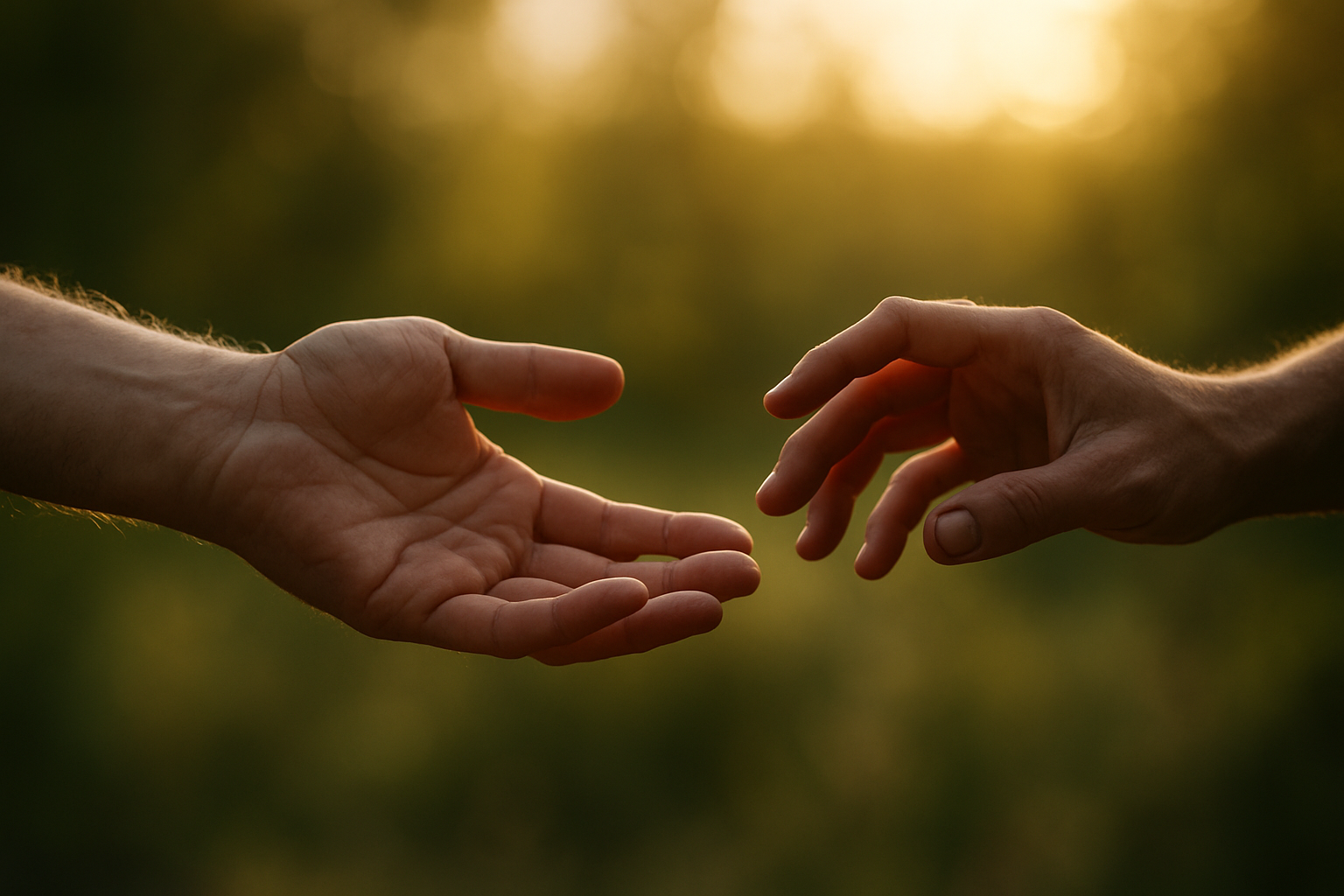Create a realistic image of a close-up of two hands reaching toward each other in a gesture of reconciliation, one hand extended in offering and the other hesitantly reaching back, with soft golden sunlight filtering through the scene creating warm highlights on the hands, set against a blurred natural background of soft green foliage, conveying a mood of hope and healing despite underlying pain, with gentle shadows that suggest the difficulty of the moment, absolutely NO text should be in the scene.