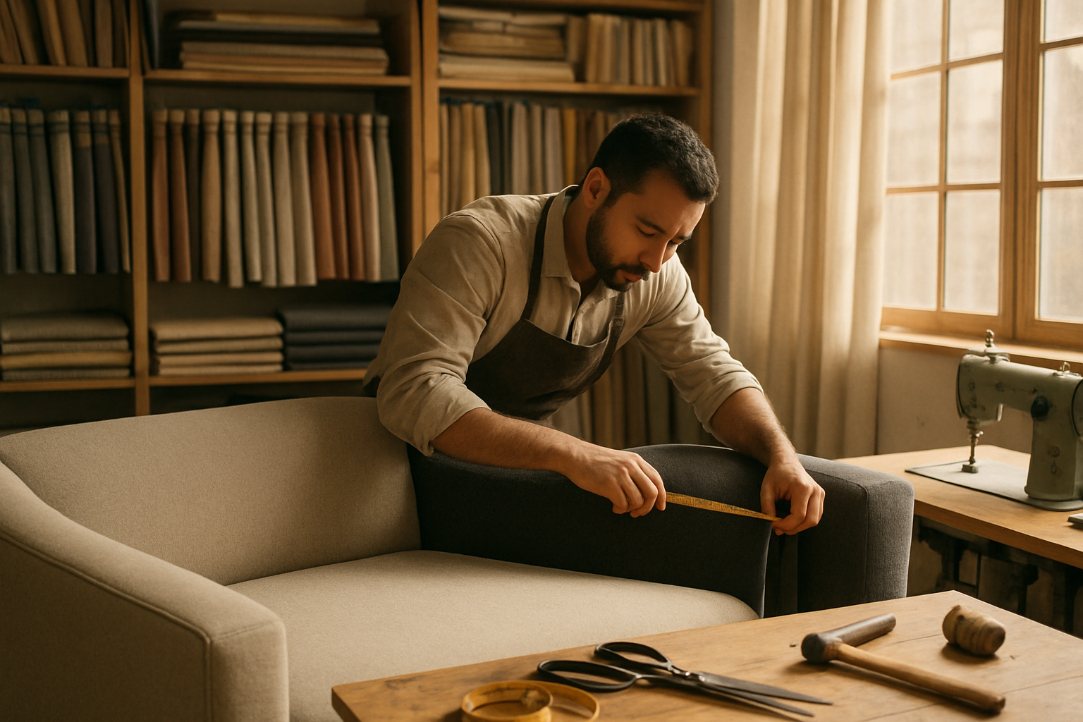 Create a realistic image of a professional upholstery workshop scene showing custom tailoring and furniture services, featuring a skilled Middle Eastern male craftsman working on reupholstering a modern sofa, with fabric samples and curtain materials neatly organized on shelves in the background, measuring tools and sewing equipment visible on a wooden work table, warm natural lighting streaming through large windows, creating an atmosphere of quality craftsmanship and attention to detail, absolutely NO text should be in the scene.