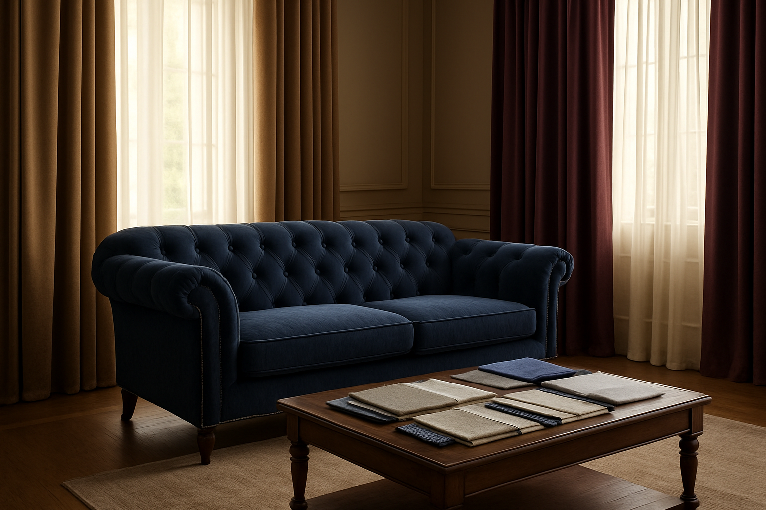 Create a realistic image of an elegant living room showcasing custom-made furniture and window treatments, featuring a luxurious sofa with rich fabric upholstery in deep burgundy or navy blue, perfectly tailored curtains in complementary colors hanging from floor-to-ceiling windows, high-quality textile samples and fabric swatches artfully arranged on a coffee table, soft natural lighting streaming through the windows creating warm ambient illumination, polished wooden floors, sophisticated interior design elements that demonstrate premium craftsmanship and timeless elegance, with a serene and refined atmosphere that conveys luxury, quality, and lasting beauty, absolutely NO text should be in the scene.
