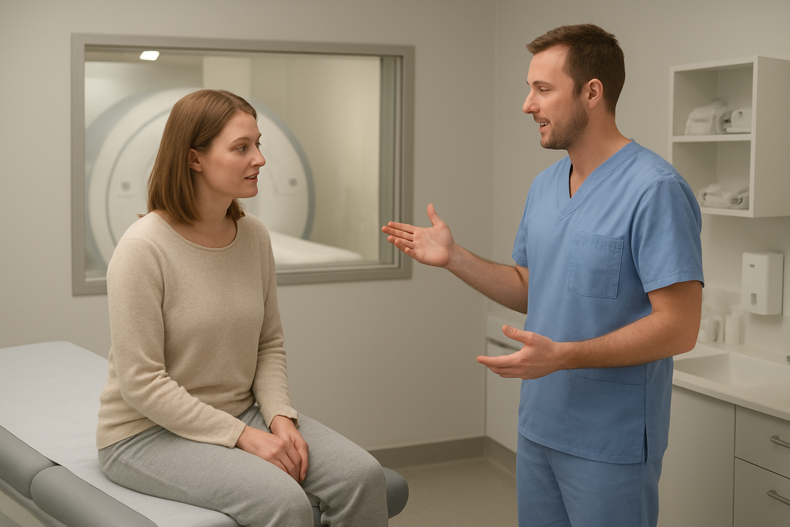 Create a realistic image of a white female patient in comfortable clothing sitting on the edge of a medical examination table in a clean, modern MRI preparation room, with a white male medical technician in scrubs explaining the procedure while gesturing toward an MRI machine visible in the background through a window, soft medical lighting illuminates the scene creating a calm and professional atmosphere, medical equipment and patient preparation materials are neatly arranged on nearby surfaces, the scene conveys preparation and consultation before a medical procedure, absolutely NO text should be in the scene.