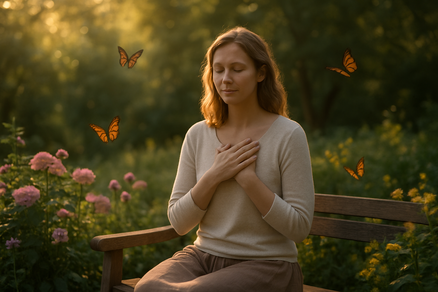 Create a realistic image of a peaceful healing scene with a white female sitting quietly on a wooden bench in a serene garden setting, her hands gently placed over her heart in a self-care gesture, surrounded by blooming flowers and soft greenery, warm golden hour lighting filtering through trees creating a gentle glow, butterflies floating nearby symbolizing transformation and renewal, the atmosphere conveying introspection and emotional recovery, absolutely NO text should be in the scene.