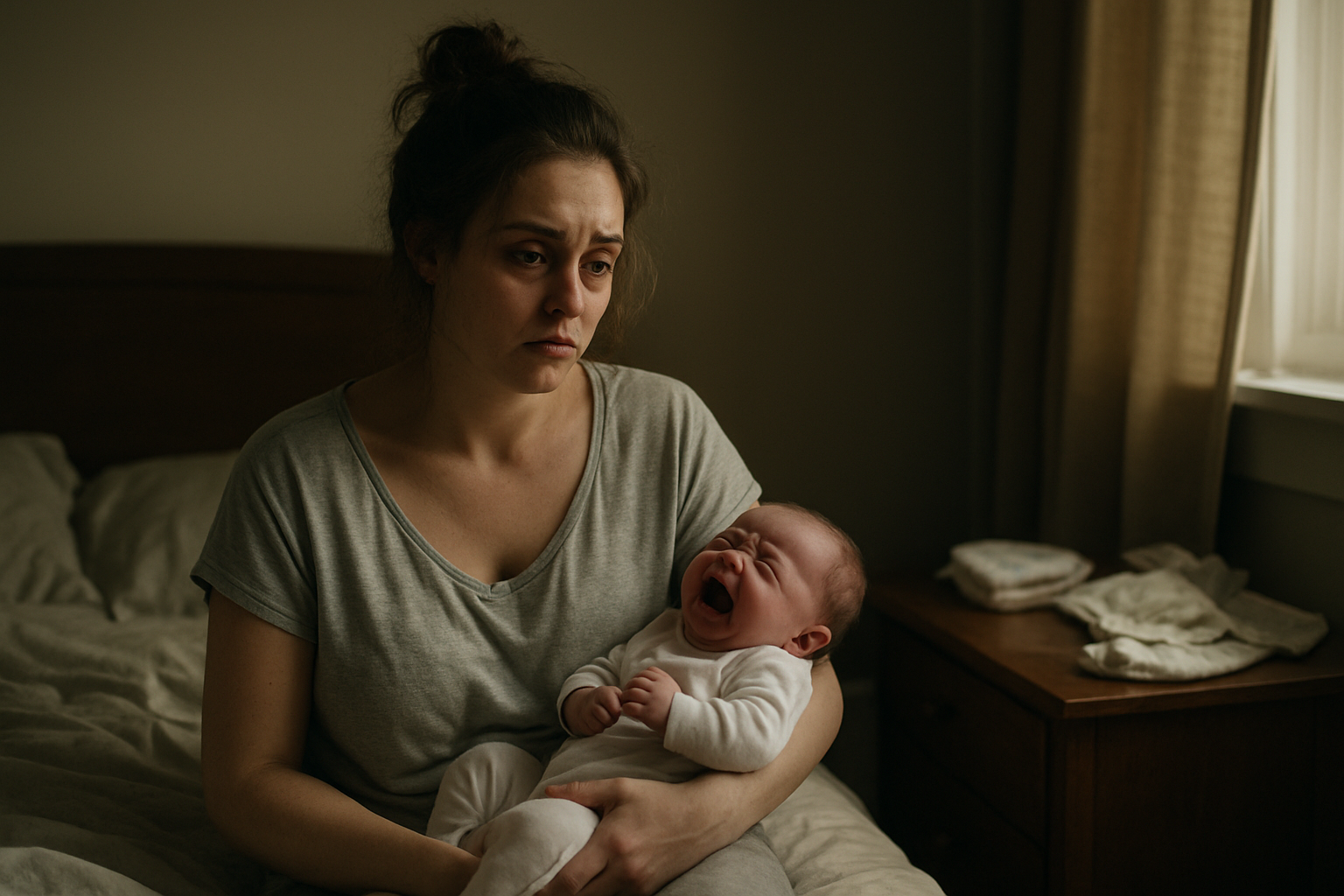 Create a realistic image of a tired white female new mother in her late twenties sitting on the edge of an unmade bed in a dimly lit bedroom, wearing a loose nursing top with visible milk stains, dark circles under her eyes, messy hair in a bun, holding a crying newborn baby, with scattered baby items like diapers and burp cloths on the nightstand, soft natural lighting filtering through partially closed curtains creating a genuine intimate domestic scene that captures the exhausting physical demands of early motherhood, absolutely NO text should be in the scene.