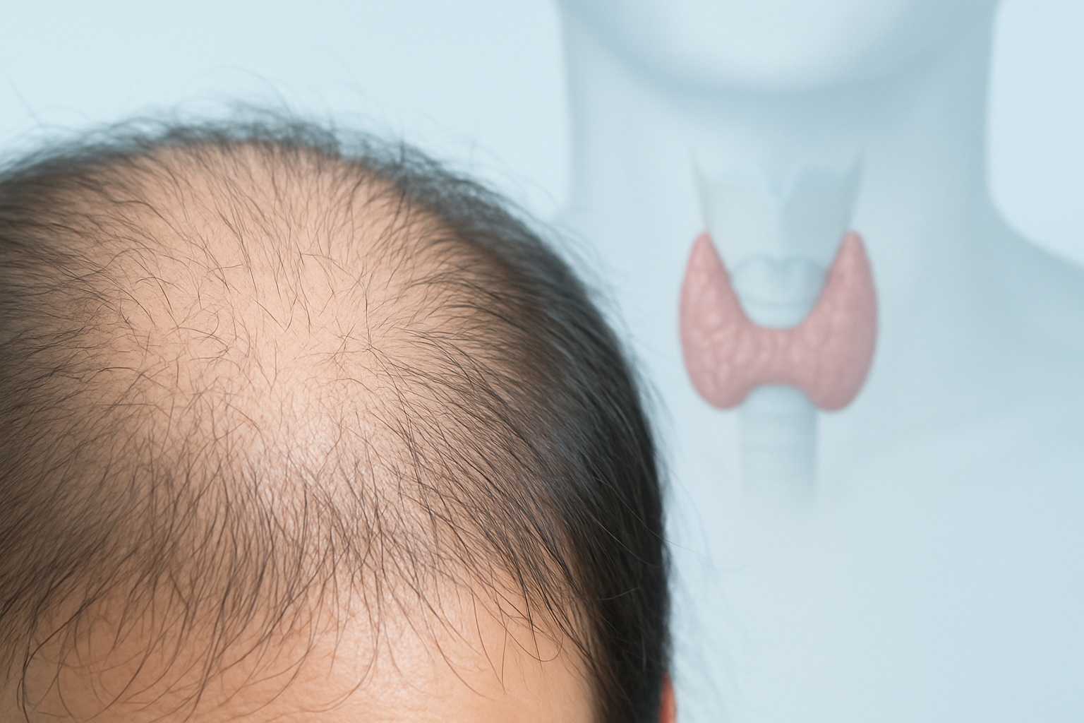 Create a realistic image of a close-up view of a human scalp showing thinning hair and hair follicles, with a subtle anatomical cross-section illustration of the thyroid gland in the neck area visible in soft focus in the background, medical diagram style elements showing the connection between thyroid function and hair growth, clean clinical lighting, professional medical photography style, muted blue and white color palette suggesting a medical or scientific context, absolutely NO text should be in the scene.