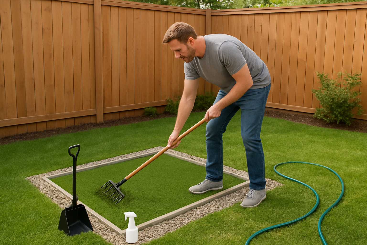 Create a realistic image of a well-maintained backyard dog potty area with a white male pet owner in casual clothing using a rake to clean the artificial turf surface, showing proper drainage with small gravel borders, a garden hose nearby for cleaning, and maintenance tools like a pooper scooper and cleaning spray bottle placed on the ground, set in a sunny backyard with green grass surrounding the designated potty zone, conveying a sense of cleanliness and proper pet care maintenance, absolutely NO text should be in the scene.