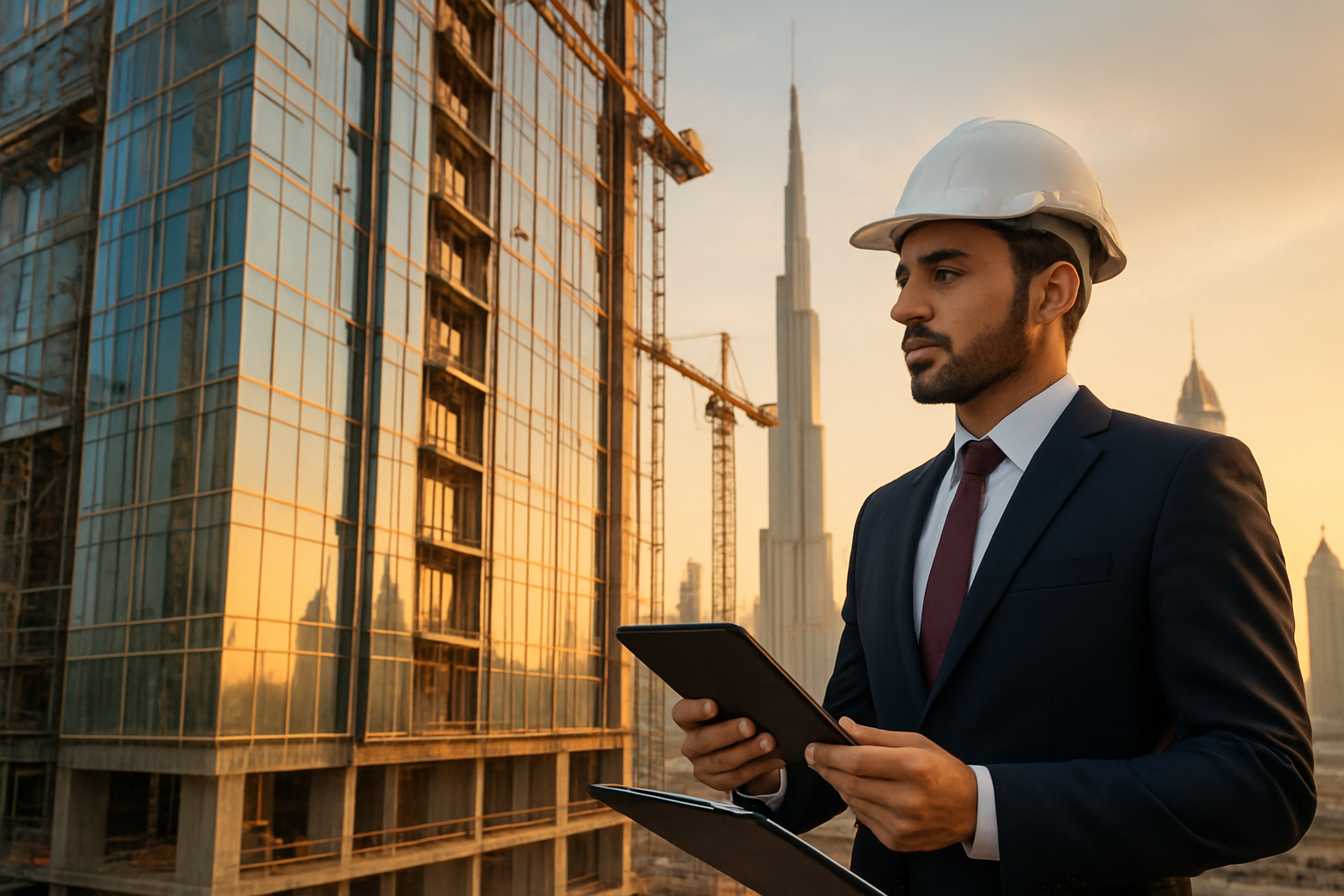 Create a realistic image of a modern Dubai skyscraper under construction with gleaming glass facades reflecting the golden sunset light, featuring a Middle Eastern male professional inspector in business attire holding a tablet and clipboard while examining the building's exterior details, with Dubai's iconic skyline of completed luxury towers in the background, construction cranes visible, warm golden hour lighting creating a sense of progress and quality assurance, the scene conveying professionalism and thoroughness in property inspection services, absolutely NO text should be in the scene.
