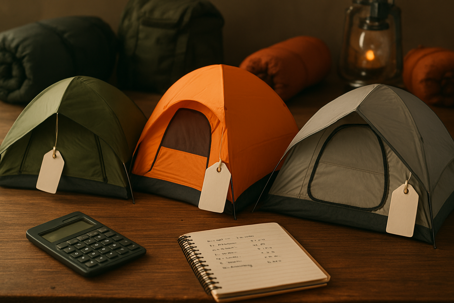 Create a realistic image of a camping gear comparison scene showing three different camping tents of varying quality and price points arranged side by side on a wooden table, with visible price tags attached to each tent, a calculator and notebook with budget notes nearby, camping gear accessories like sleeping bags and lanterns in the background, warm indoor lighting suggesting careful consideration and research, shot from a slightly elevated angle to show the decision-making process for long-term camping investment, absolutely NO text should be in the scene.