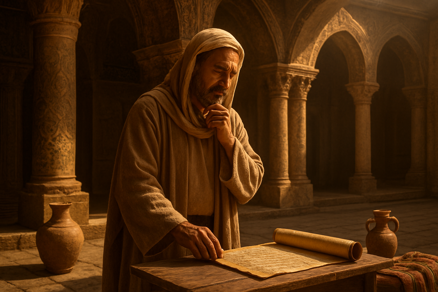 Create a realistic image of an ancient Middle Eastern courtyard with ornate Persian architecture, featuring decorative columns and arches, where a middle-aged Middle Eastern male in traditional biblical-era robes stands in a contemplative pose near a stone scroll or ancient manuscript resting on a wooden table, with warm golden sunlight filtering through the space creating dramatic shadows, surrounded by elements suggesting historical significance like clay vessels and traditional Middle Eastern textiles, conveying a sense of divine providence and historical narrative, absolutely NO text should be in the scene.
