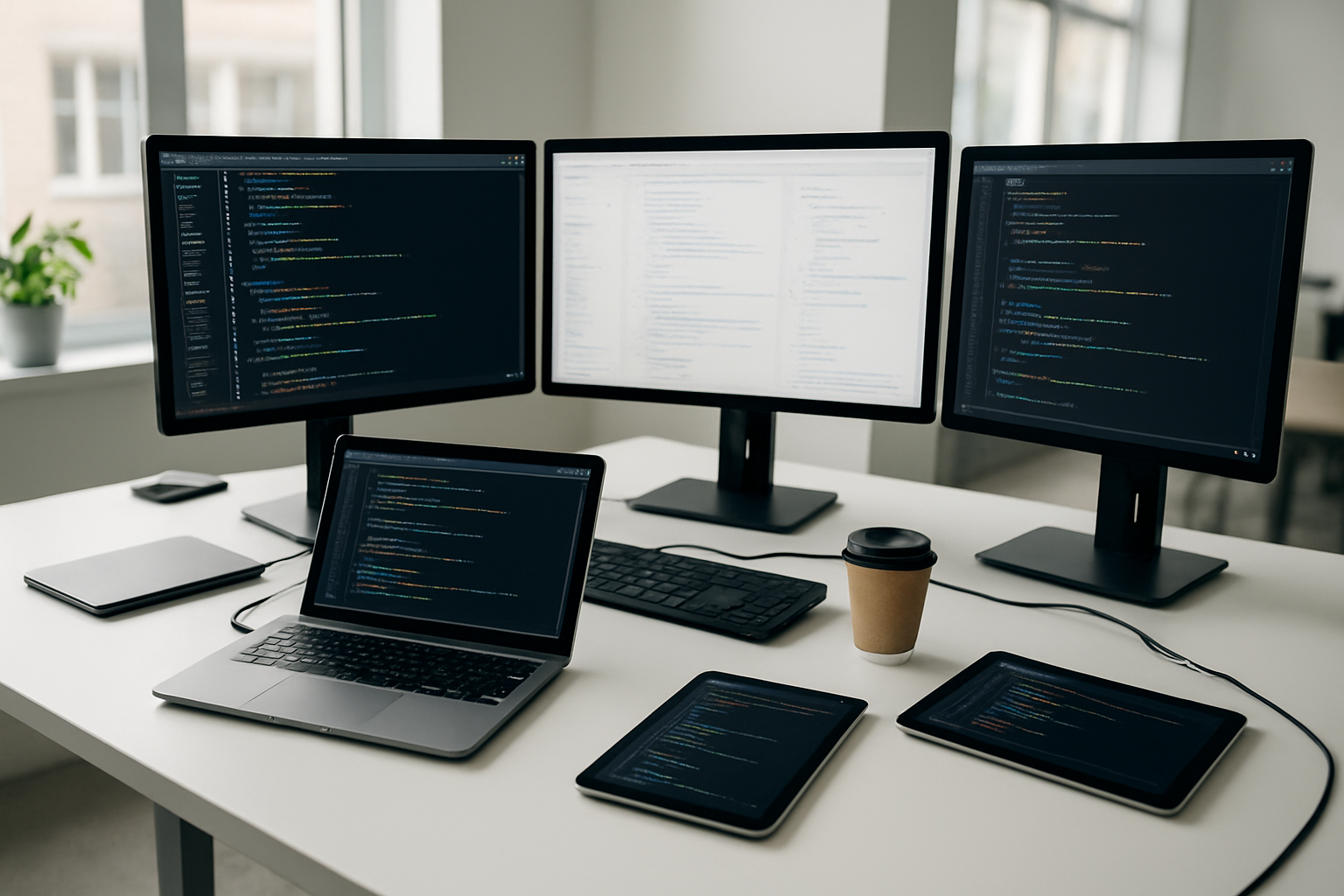 Create a realistic image of a modern workspace showing multiple computer monitors displaying code interfaces, API documentation, and programming environments, with sleek laptops and tablets scattered on a clean white desk, featuring modern development tools, cables, and a coffee cup, set in a bright contemporary office with natural lighting from large windows, creating a professional and innovative atmosphere focused on software development and technology integration, absolutely NO text should be in the scene.