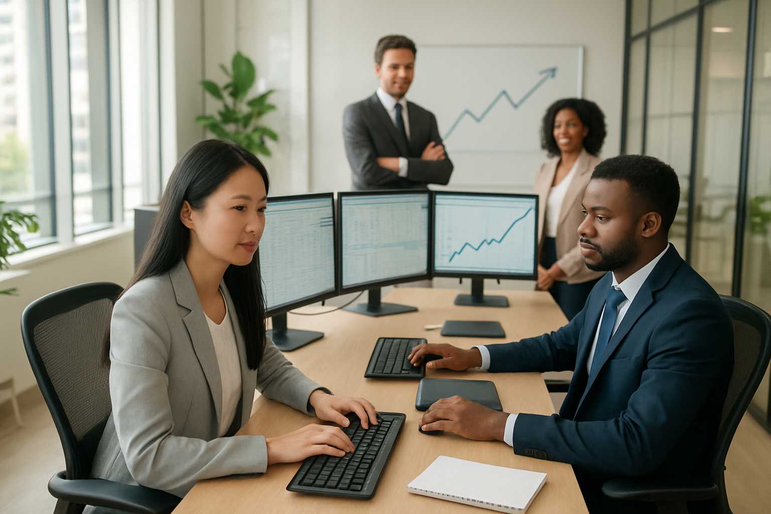 Create a realistic image of a diverse group of professionals in a modern office setting with an Asian female and a Black male sitting at ergonomic workstations with multiple computer monitors displaying spreadsheets and data analytics, upward trending arrow graphics visible on whiteboards in the background, bright natural lighting from large windows, sleek contemporary furniture, plants adding greenery to the workspace, laptops and notebooks on desks, professional attire suggesting career advancement and success, clean minimalist office design with glass partitions, absolutely NO text should be in the scene.