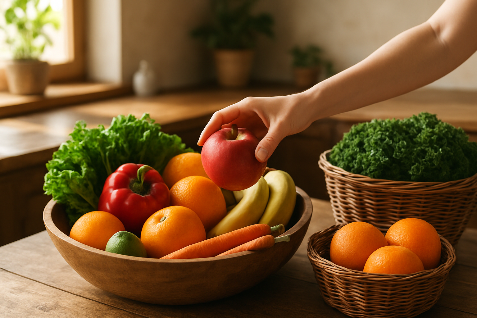 Create a realistic image of a diverse group of fresh fruits and vegetables arranged in a sustainable wooden bowl and wicker baskets on a rustic wooden kitchen counter, with a white female hand reaching to pick up a bright red apple, natural sunlight streaming through a nearby window creating soft shadows, conveying a sense of healthy daily routine and mindful food choices, with green leafy vegetables, colorful bell peppers, oranges, bananas, and carrots visible in the composition, warm and inviting kitchen atmosphere with natural wood textures and plants in the background, absolutely NO text should be in the scene.