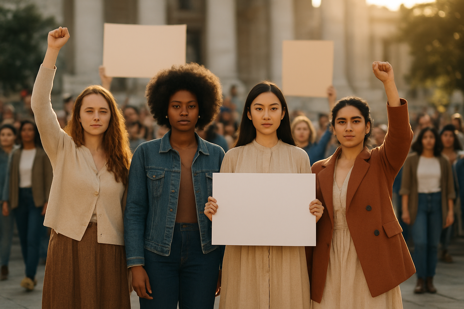 Create a realistic image of diverse women of different races including white, black, Asian, and Hispanic females standing together at what appears to be a peaceful protest or social movement gathering, some holding blank banners and signs, others with raised fists in solidarity, wearing clothing from different historical eras suggesting various time periods of social change, set against a backdrop of a public square or steps of an important building, with warm natural lighting creating an inspiring and empowering atmosphere, surrounded by a crowd of supportive people in the background, absolutely NO text should be in the scene.