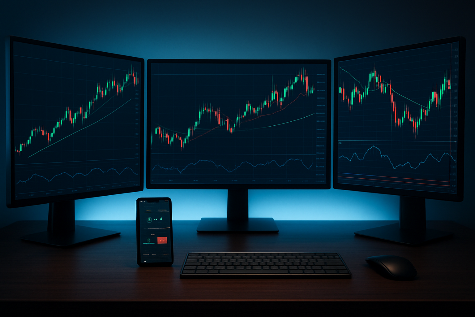 Create a realistic image of multiple computer monitors displaying colorful financial charts with candlestick patterns, trend lines, and technical indicators like moving averages and RSI, alongside a smartphone showing trading notifications and buy/sell signals, all arranged on a modern dark wooden desk with a wireless keyboard and mouse, soft blue LED lighting illuminating the setup from behind the monitors creating a professional trading environment atmosphere, absolutely NO text should be in the scene.