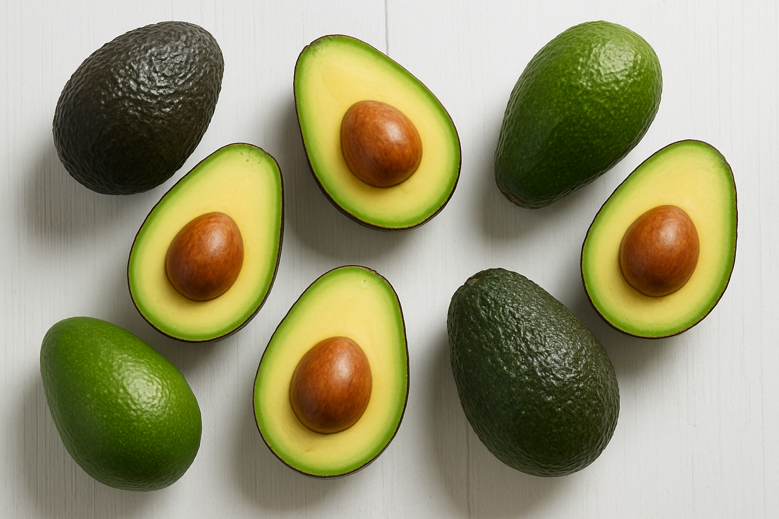 Create a realistic image of multiple avocado varieties arranged on a clean white wooden surface, showing Hass avocados with dark bumpy skin, Fuerte avocados with smooth green skin, Bacon avocados with medium-green skin, and Pinkerton avocados with pebbly dark green skin, each cut in half to reveal their creamy flesh and large pits, with whole avocados of each variety positioned nearby, natural daylight illuminating the scene from above creating soft shadows, clean minimalist background, professional food photography style lighting, absolutely NO text should be in the scene.