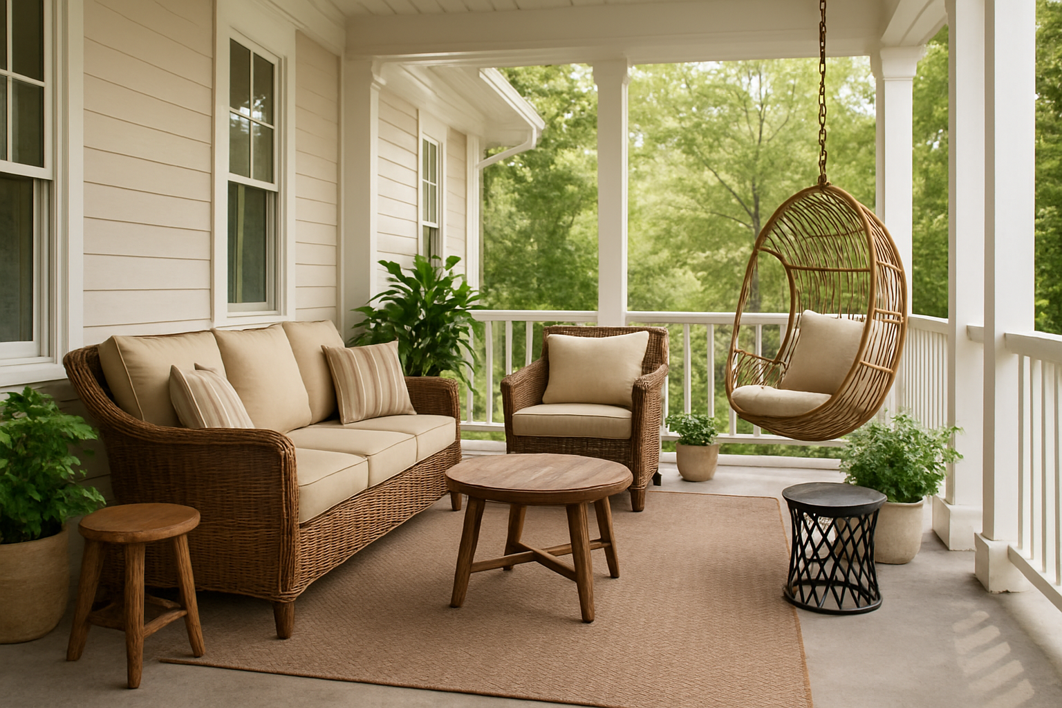 Create a realistic image of an inviting covered porch interior showcasing various furniture pieces strategically arranged, featuring a comfortable wicker seating set with cushions, a small wooden coffee table, hanging swing chair, and decorative side tables positioned to create conversational areas, with natural lighting filtering through the porch structure, potted plants as accent pieces, and a cozy outdoor rug defining the seating space, captured from an angle that demonstrates effective furniture layout and spacing principles for porch design, absolutely NO text should be in the scene.