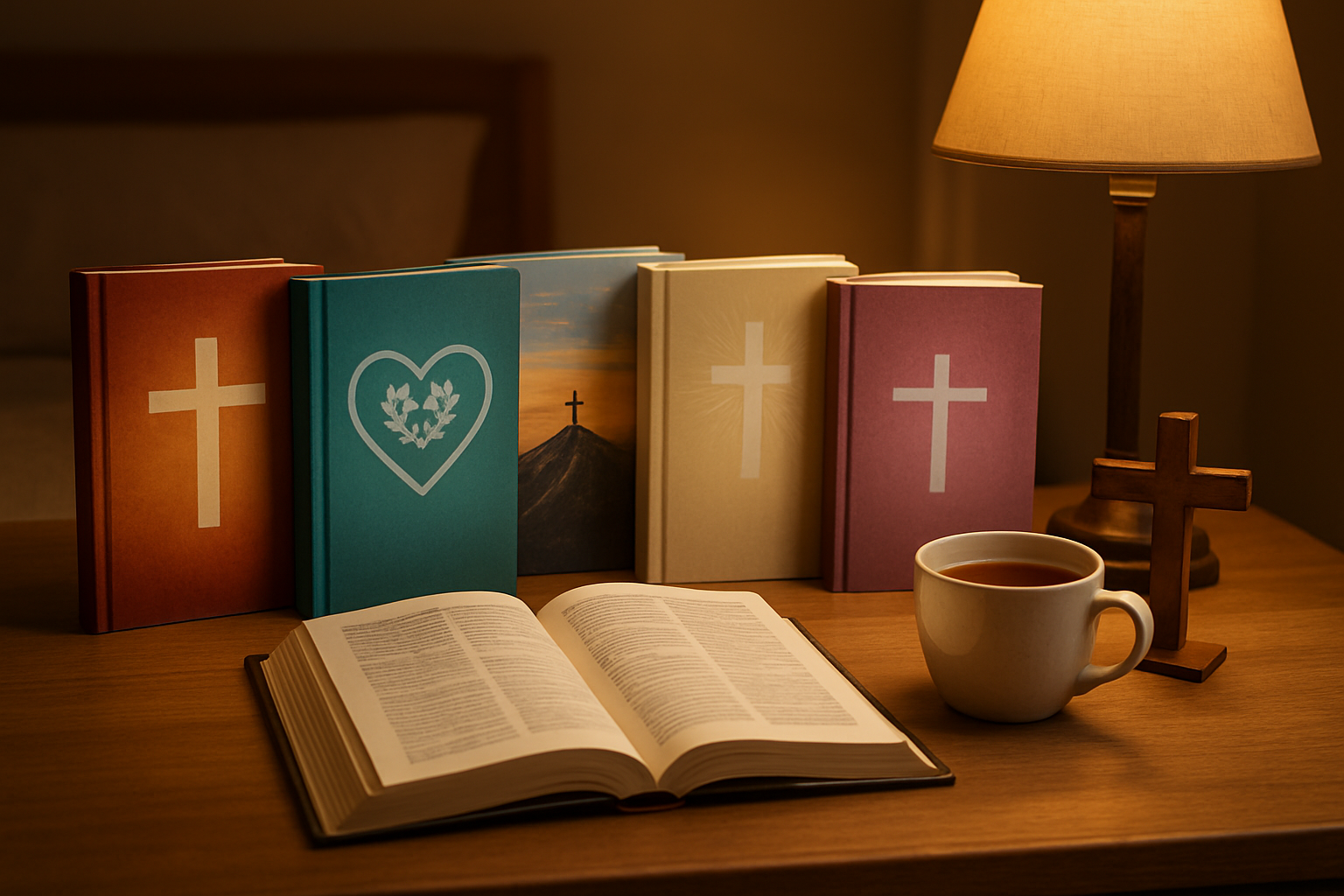 Create a realistic image of a collection of Christian faith-building books and devotionals arranged on a wooden desk or table surface, featuring modern book covers with crosses, hearts, and inspiring imagery designed for teenagers, alongside an open devotional showing pages with scripture verses and reflection spaces, complemented by a warm reading lamp casting soft golden light, a cup of tea or coffee, and a small wooden cross as a decorative accent, set against a cozy bedroom or study area background with warm, inviting lighting that creates a peaceful and contemplative atmosphere. Absolutely NO text should be in the scene.