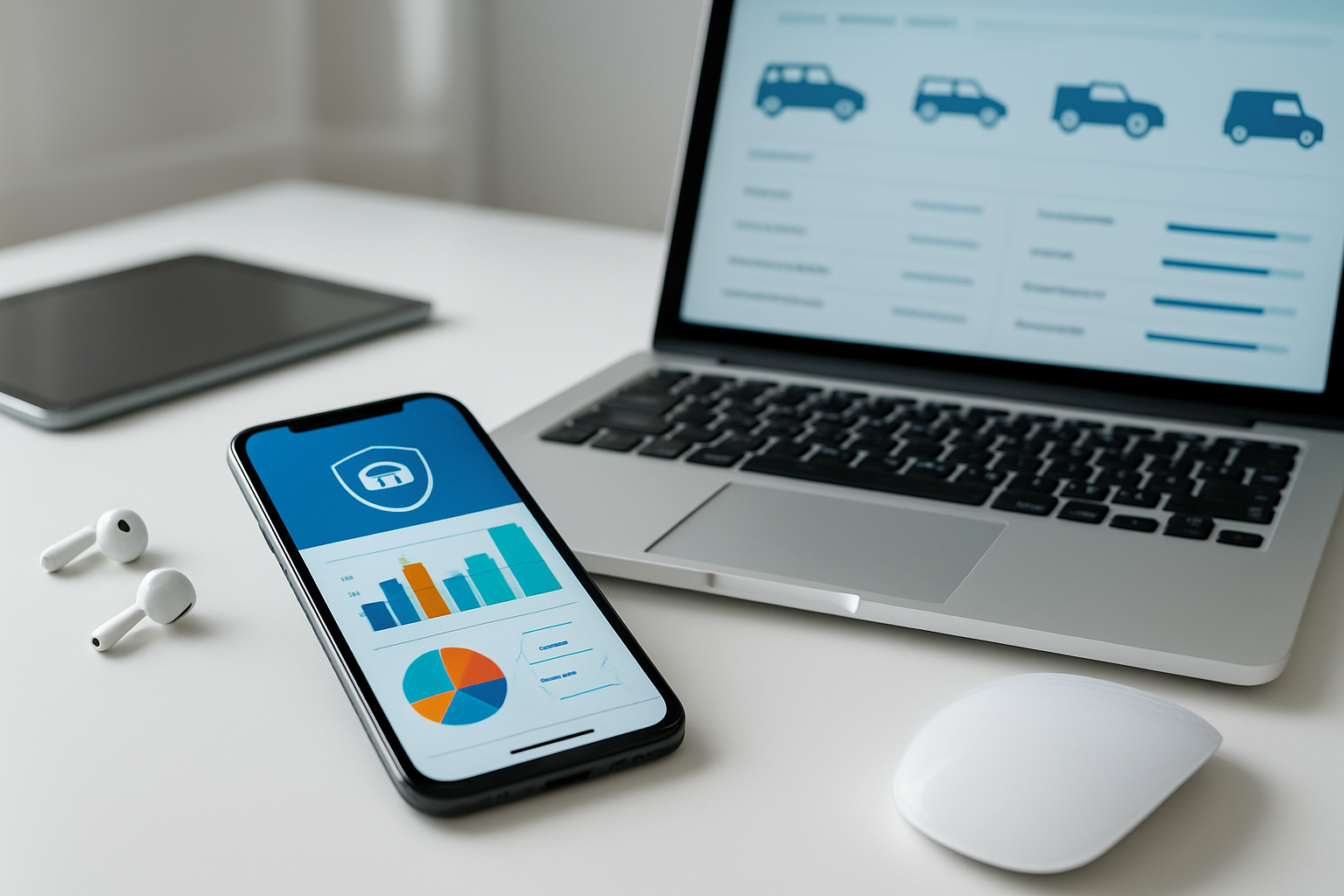 Create a realistic image of a modern smartphone displaying a sleek car insurance mobile app interface with colorful charts and policy information on the screen, placed on a clean white desk next to a laptop computer showing an insurance dashboard with vehicle icons and coverage details, surrounded by a computer mouse, wireless earbuds, and a tablet device, all arranged in a contemporary office setting with soft natural lighting from a nearby window, creating a professional and tech-savvy atmosphere that emphasizes digital insurance management tools, absolutely NO text should be in the scene.