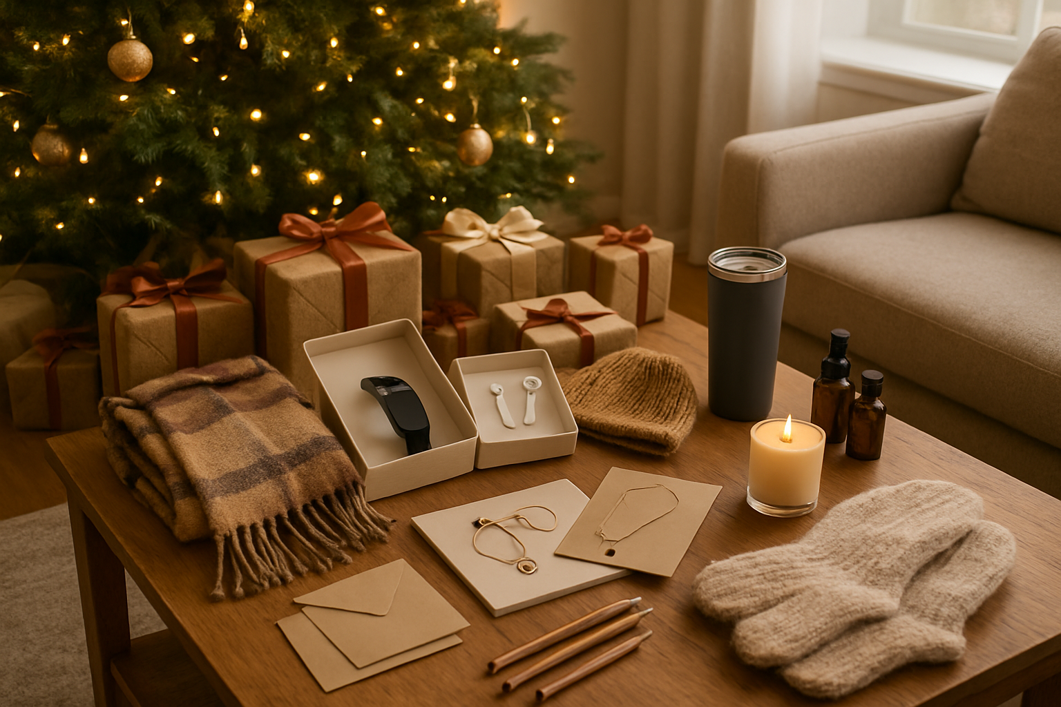 Create a realistic image of a cozy living room scene with beautifully wrapped Christmas gifts arranged under a decorated Christmas tree, featuring a mix of tech gadgets like wireless earbuds and smartwatch in open gift boxes, fashionable accessories like scarves and jewelry displayed on a coffee table, wellness items like essential oils and skinny tumblers, art supplies and books scattered nearby, experience gift certificates in elegant envelopes, and budget-friendly items like cozy socks and candles, all surrounded by warm golden Christmas lights creating a festive and inviting atmosphere with soft natural lighting from a nearby window, absolutely NO text should be in the scene.