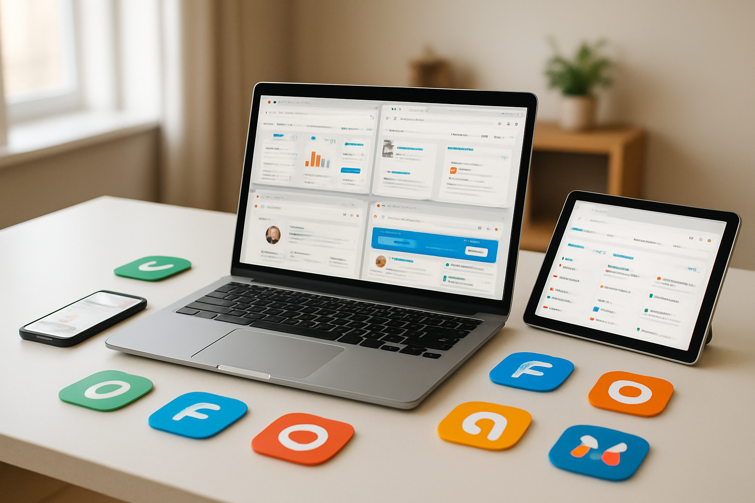 Create a realistic image of a modern workspace showing a laptop computer with multiple browser tabs open displaying different freelancing platform interfaces, surrounded by a smartphone and tablet also showing various freelancing websites, with colorful platform logos and icons scattered around the desk, clean white desk surface, soft natural lighting from a nearby window, professional home office setting with blurred background, warm and productive atmosphere, absolutely NO text should be in the scene.