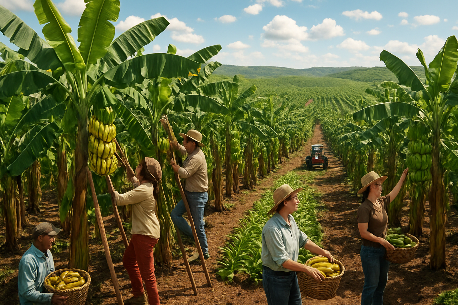 Create a realistic image of vast banana plantation fields stretching across rolling hills with organized rows of tall green banana plants heavy with bunches of yellow and green bananas, agricultural workers of mixed races and genders harvesting bananas using ladders and collection baskets, modern farming equipment visible in the background, tropical agricultural landscape under bright sunny sky with scattered white clouds, rich fertile soil visible between plant rows, creating a productive and thriving agricultural scene that showcases large-scale banana farming operations, absolutely NO text should be in the scene.