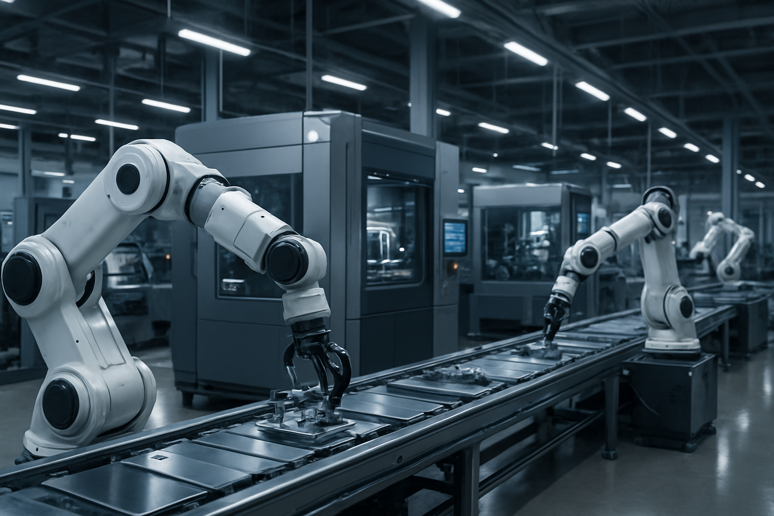 Create a realistic image of a modern manufacturing facility showcasing intelligent robotics integration with advanced robotic arms working alongside sophisticated AI-controlled machinery on an automated assembly line, featuring sleek industrial robots with sensors and cameras performing precise manufacturing tasks, conveying innovation and technological advancement through clean industrial lighting, metallic surfaces, and a high-tech atmosphere that demonstrates the fusion of artificial intelligence and robotics in manufacturing operations, absolutely NO text should be in the scene.