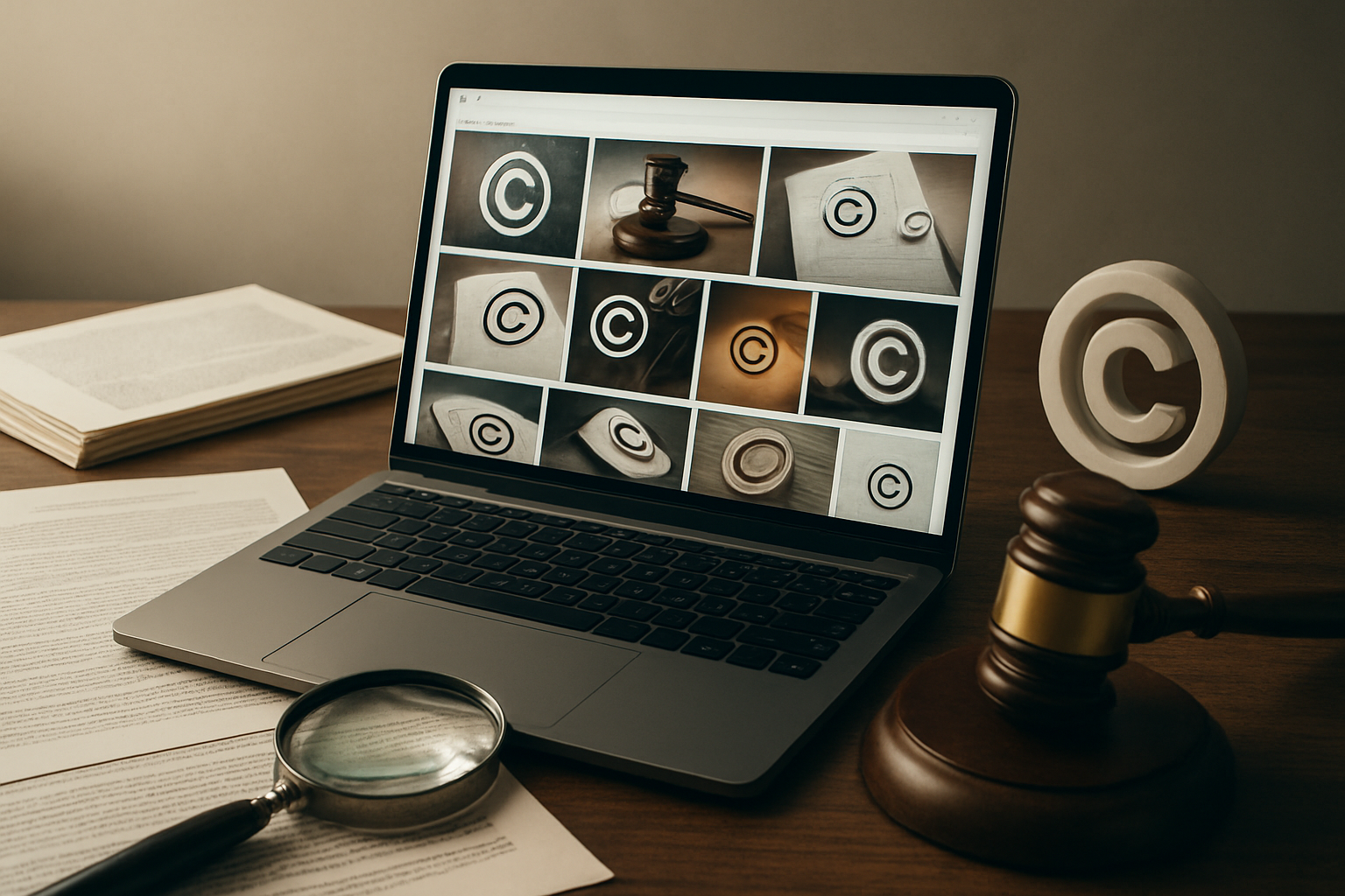 Create a realistic image of a professional workspace showing a laptop computer displaying image search results on the screen, surrounded by legal documents, copyright symbols, and a gavel on a wooden desk, with a magnifying glass positioned over some legal text, soft office lighting creating a serious but informative atmosphere, absolutely NO text should be in the scene.