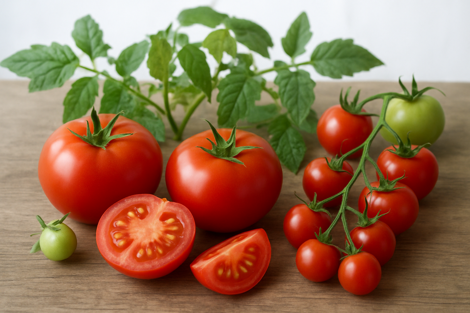 Create a realistic image of fresh, ripe red tomatoes in various stages and forms displaying their botanical nature, including whole tomatoes, cross-sectioned tomatoes showing seeds and internal structure, tomato plants with green leaves and stems, some cherry tomatoes on the vine, and a few green unripe tomatoes, all arranged on a rustic wooden surface with soft natural lighting from above, clean white background partially visible, emphasizing the scientific and educational understanding of tomato anatomy and growth stages, absolutely NO text should be in the scene.