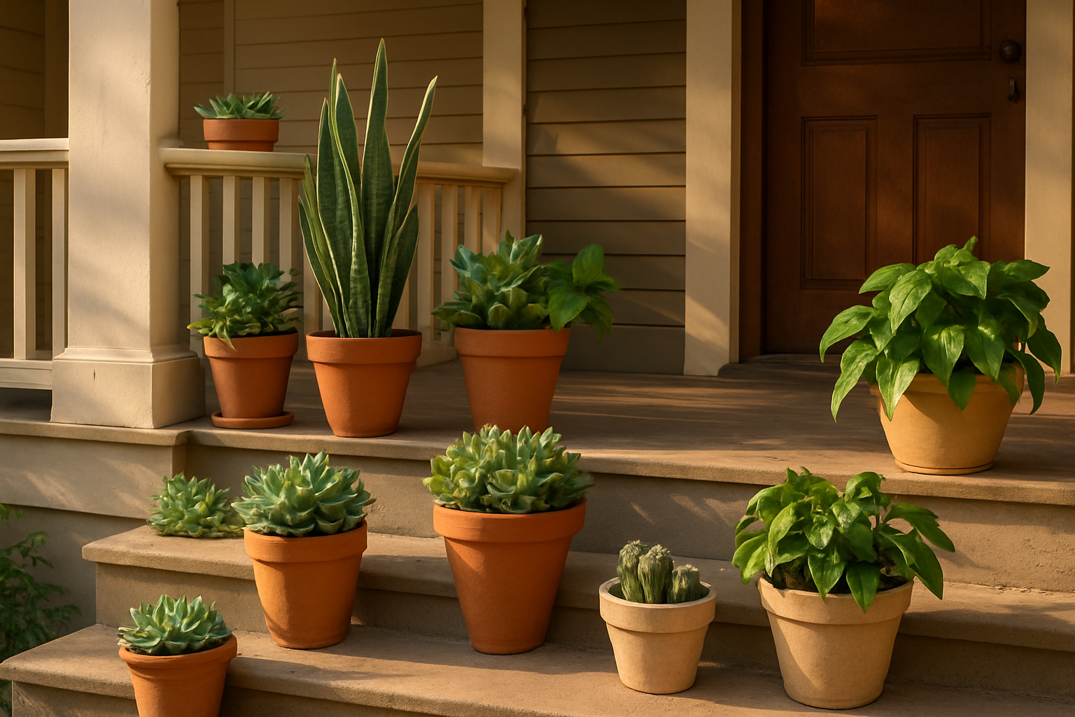 Create a realistic image of a beautiful front porch scene featuring multiple planters filled with low-maintenance plants such as succulents, snake plants, pothos, and small cacti arranged on porch steps and railings, with warm natural lighting casting gentle shadows, creating a welcoming and easy-care garden atmosphere that emphasizes the drought-tolerant and hardy nature of the plant selections, absolutely NO text should be in the scene.