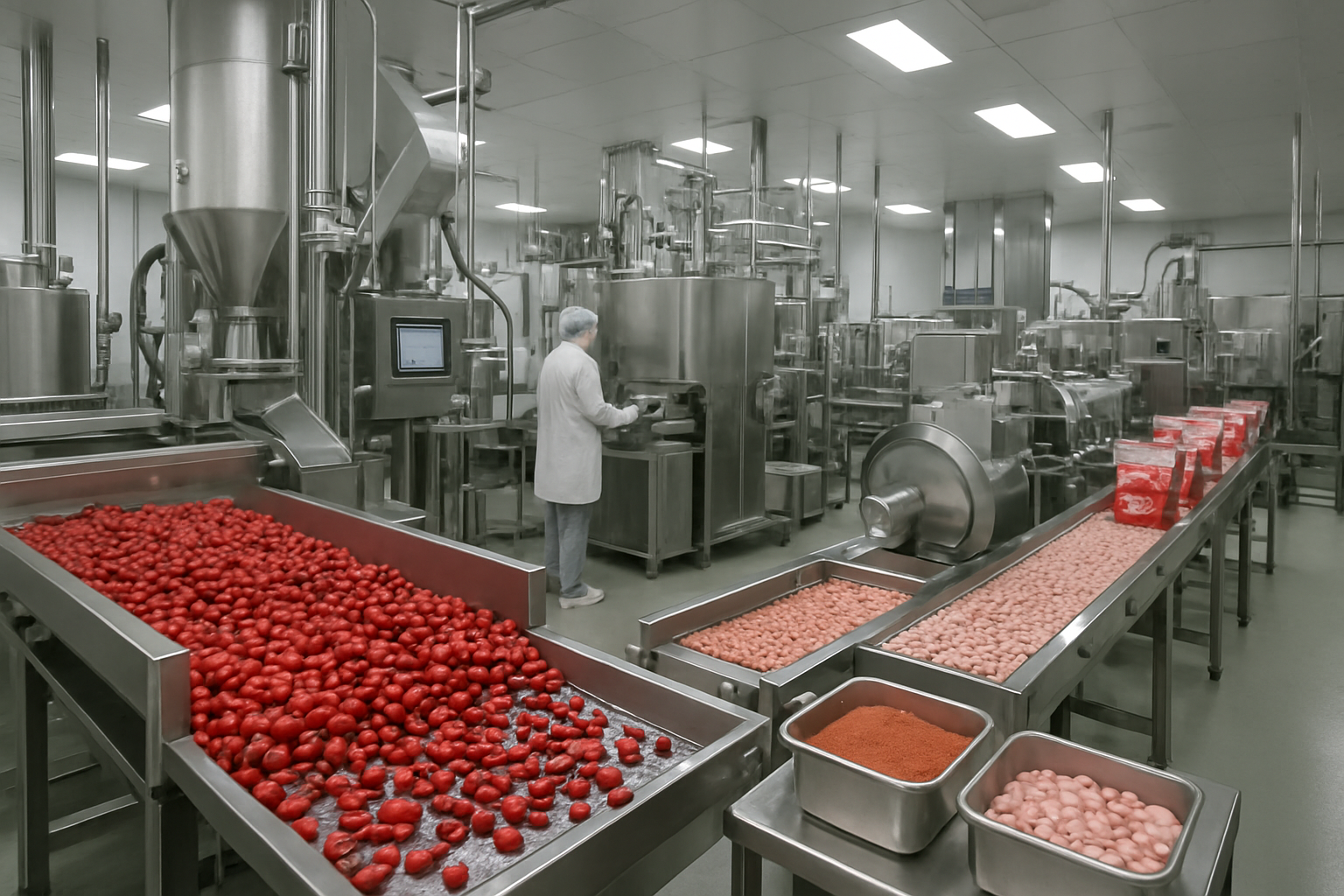 Create a realistic image of a modern food processing facility with industrial equipment and conveyor belts, featuring miracle fruit berries being processed into commercial products like tablets and powders, with stainless steel machinery, quality control stations, and packaged miracle fruit products on assembly lines, bright industrial lighting illuminating the clean manufacturing environment, showcasing the transformation from raw berries to consumer products in a high-tech food production setting, absolutely NO text should be in the scene.