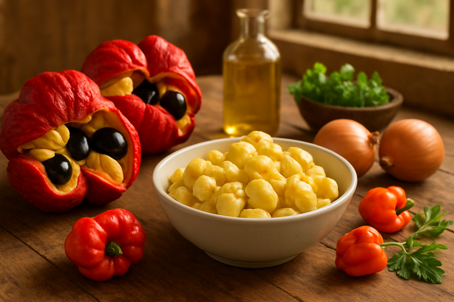 Create a realistic image of fresh ackee fruit displayed on a rustic wooden kitchen counter, showing both whole red ackee pods split open revealing bright yellow arils with black seeds, and prepared ackee arils in a white ceramic bowl ready for cooking, surrounded by complementary Caribbean cooking ingredients like scotch bonnet peppers, onions, and fresh herbs, with warm golden natural lighting streaming through a window creating an inviting culinary atmosphere that represents the complete journey from raw fruit to prepared ingredient, absolutely NO text should be in the scene.