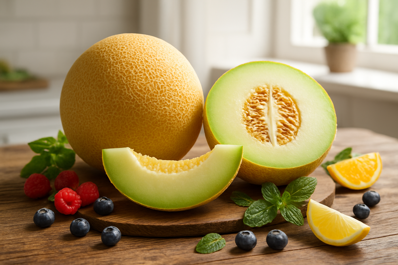Create a realistic image of a beautifully arranged display featuring whole and sliced Galia melons on a rustic wooden table, with the melons showing their distinctive netted golden skin and pale green to white flesh, surrounded by fresh mint leaves and other colorful fruits like berries and citrus slices, set against a bright kitchen background with natural sunlight streaming through a window, creating a fresh and appetizing scene that emphasizes the melon's premium quality and culinary appeal, absolutely NO text should be in the scene.