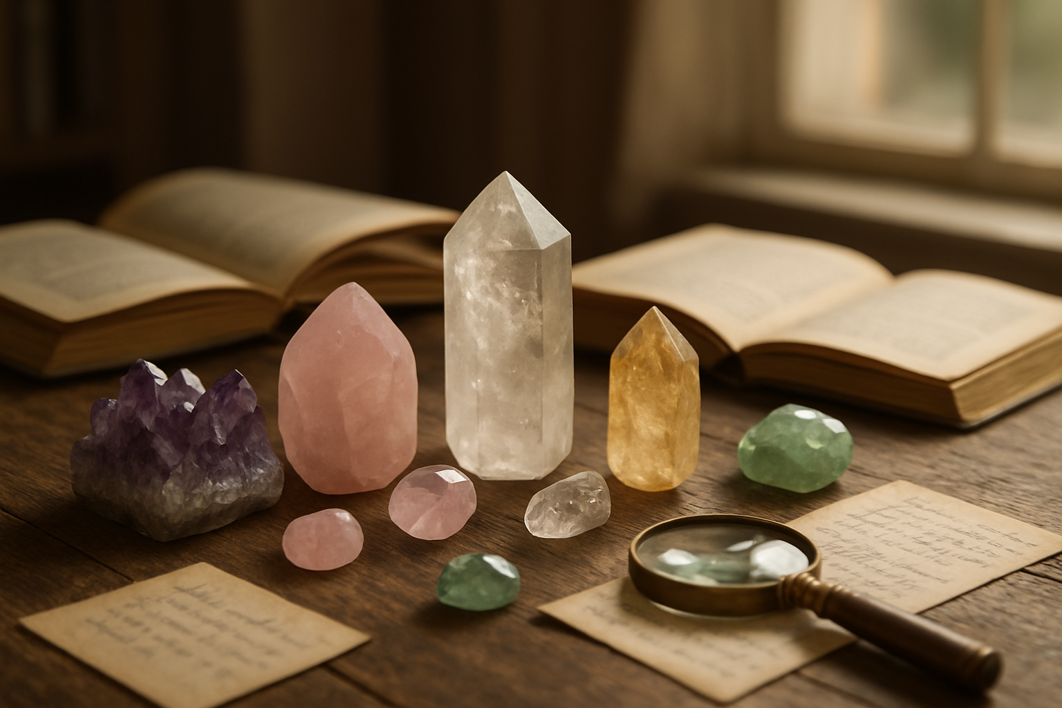 Create a realistic image of various colorful crystals and gemstones arranged on a rustic wooden table, including amethyst, rose quartz, clear quartz, and citrine, with soft natural lighting streaming through a window, creating gentle shadows and highlighting the crystal facets, surrounded by open books about crystal healing and metaphysical properties, with a few scattered handwritten notes and a magnifying glass nearby, all set in a cozy study atmosphere with warm, diffused lighting that emphasizes both the scientific inquiry and mystical aspects of crystal beliefs, absolutely NO text should be in the scene.