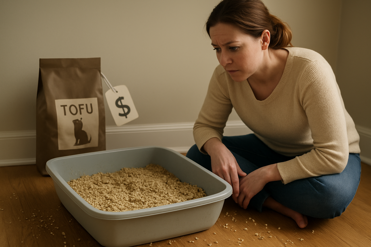 Create a realistic image of tofu-based cat litter in a litter box showing signs of poor clumping with scattered loose granules around the box edges, a concerned white female cat owner crouching beside it examining the mess, with some litter tracked on the hardwood floor nearby, a price tag showing higher cost compared to regular clay litter in the background, soft indoor lighting creating a slightly disappointed mood, absolutely NO text should be in the scene.