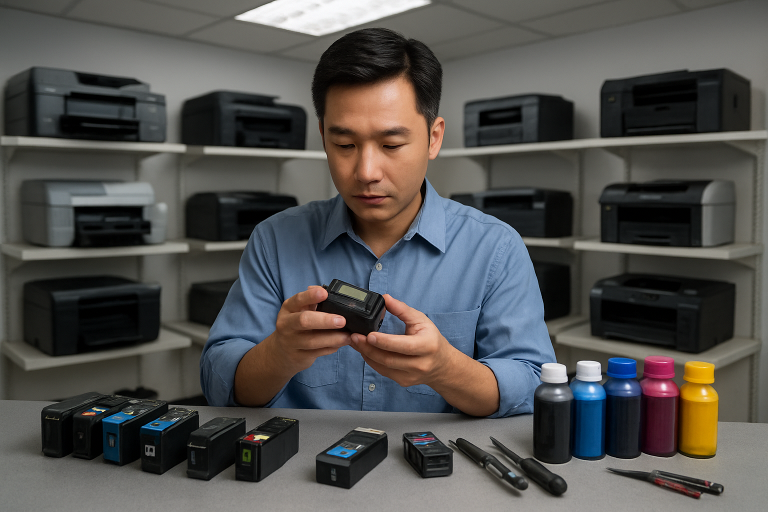 Create a realistic image of a professional Asian male technician in a clean, well-organized printer service shop examining different ink cartridges on a counter, with multiple=