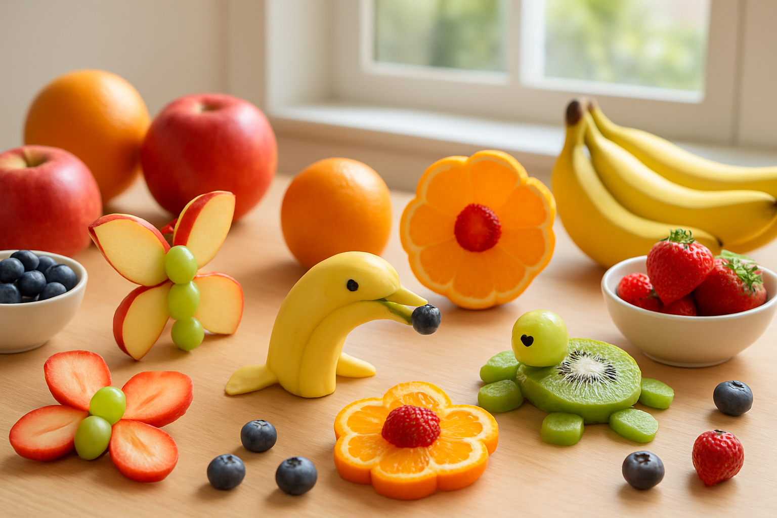 Create a realistic image of colorful fruit art arrangements on a bright kitchen table featuring animal-shaped fruit creations like apple slice butterflies with grapes for bodies, banana dolphins with blueberry eyes, orange slice flowers with strawberry centers, and kiwi slice turtles with grape heads, surrounded by fresh whole fruits including apples, oranges, bananas, and berries, with natural daylight streaming through a window creating a cheerful and inviting atmosphere, absolutely NO text should be in the scene.