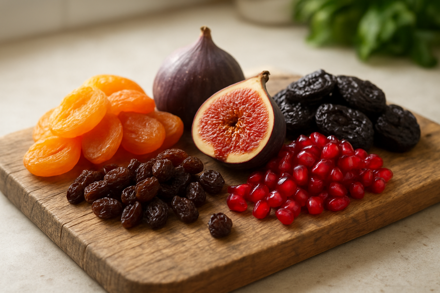 Create a realistic image of iron-rich fruits including dried apricots, raisins, fresh figs, pomegranate seeds, and prunes arranged beautifully on a rustic wooden cutting board, with some fruits cut open to show their vibrant interior colors, soft natural lighting from a window creating gentle shadows, clean kitchen counter background with subtle green leafy vegetables in the background suggesting health and nutrition, warm and inviting atmosphere that conveys energy and vitality, absolutely NO text should be in the scene.