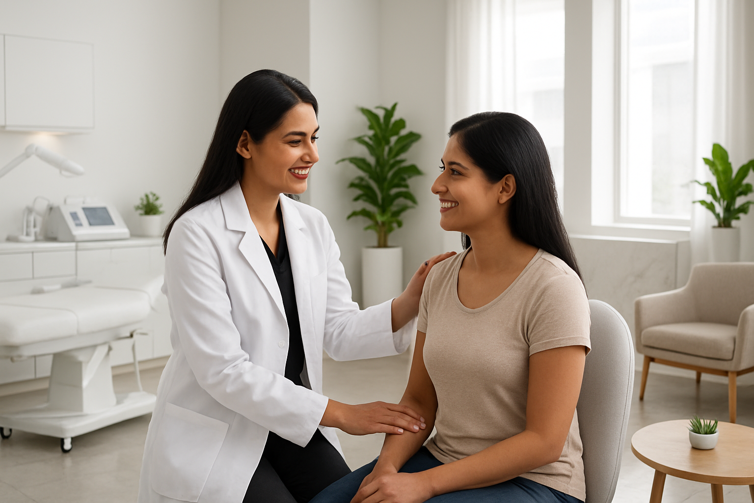 Create a realistic image of a modern, upscale skin care clinic interior with a professional female South Asian dermatologist in white coat consulting with a satisfied female Indian patient, featuring clean white treatment rooms with advanced skincare equipment, soft natural lighting streaming through large windows, elegant reception area with comfortable seating, subtle green plants for a calming atmosphere, polished floors and contemporary medical furniture, conveying trust, professionalism and successful skincare outcomes, absolutely NO text should be in the scene.
