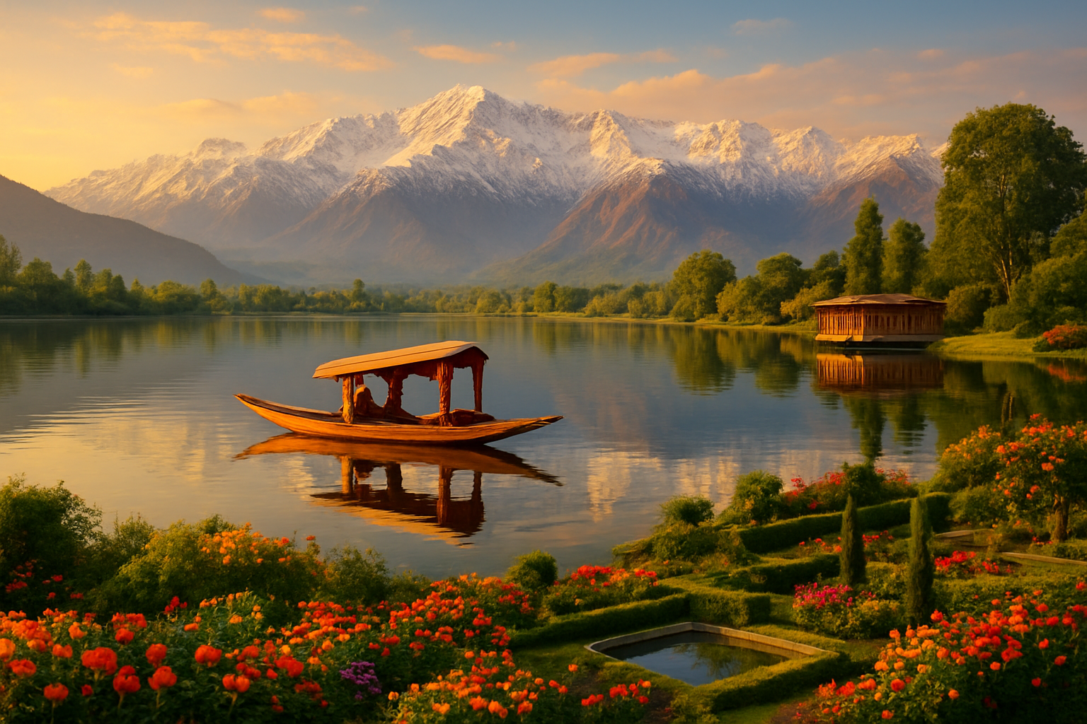 realistic image of a breathtaking collage-style panoramic scene showcasing Kashmir's top attractions, featuring the iconic Dal Lake with a traditional wooden shikara boat gliding on calm reflective waters, snow-capped Himalayan mountains towering in the background, lush green Mughal gardens with blooming flowers in the foreground, and a glimpse of a traditional houseboat along the shore, bathed in warm golden hour sunlight creating a magical and serene atmosphere, with vibrant colors of nature filling the entire scene. Absolutely NO text should be in the scene.
